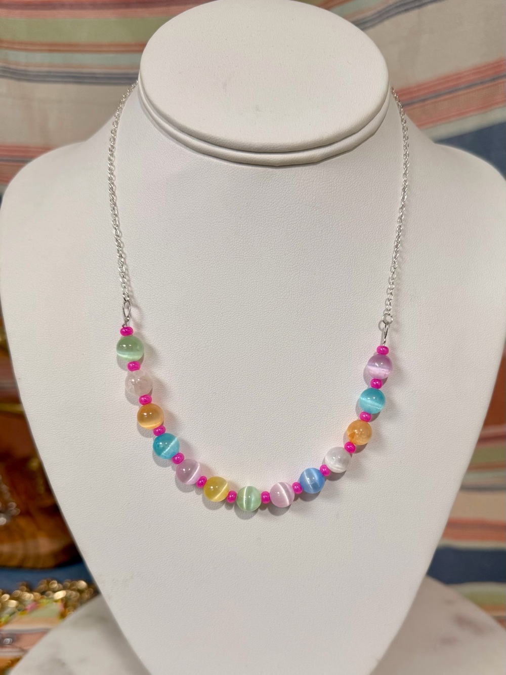 Handmade Pastel Multicolor Bead Necklace with Pink Accents